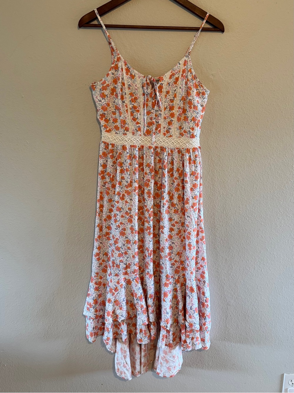 Japna Floral Spaghetti Strap Rayon High Low Midi Dress Orange Blue Cream size M